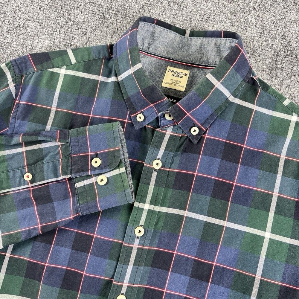 Polham Shirt Mens 95 US M Green Navy Plaid Button Down Tartan